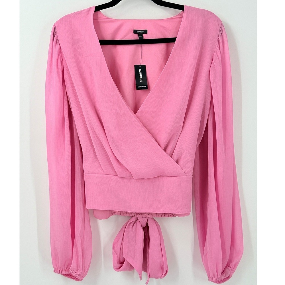 NWT Express Faux Wrap Top Womens sz L Pink Long Sleeve Tie Coquette Cottagecore